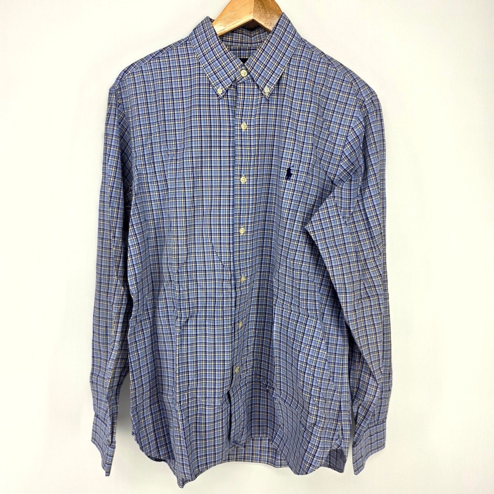 Ralph Lauren Button Down Shirt Mens 16 34/35 Blue Plaid Long Sleeve Preppy Pony